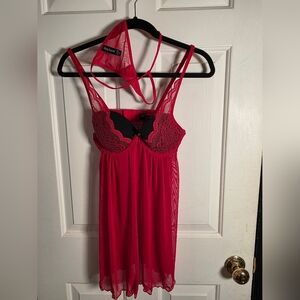 Daisy Fuentes Women's Red Black Baby Doll and Sheer Thong Size S